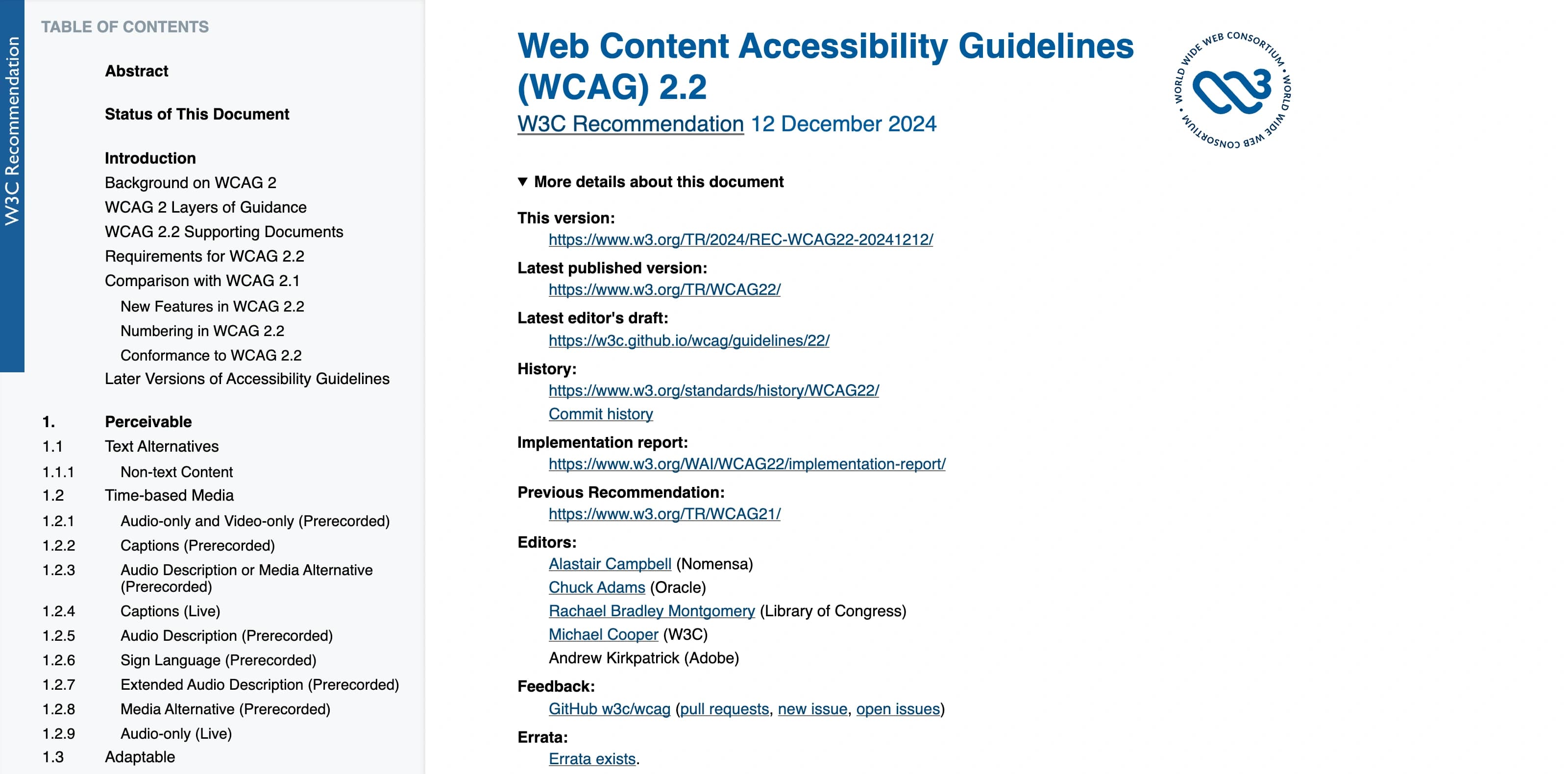 Página de WCAG 2.2 en el W3C. La cabecera identifica el documento como Recomendación del W3C del 12 de diciembre de 2024 y ofrece enlaces a esa versión, a la última versión publicada, al borrador del editor, al historial y al informe de implementación.