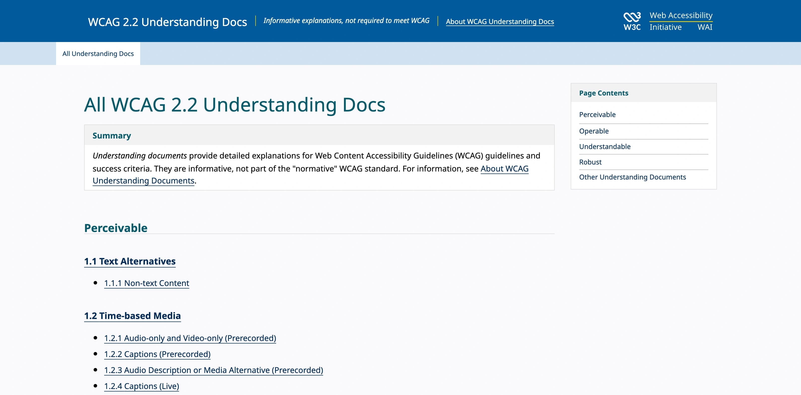 Índice de Understanding WCAG 2.2. El resumen explica que sus documentos detallan las pautas y los criterios y que son informativos, fuera del contenido normativo del estándar. El índice se organiza por los cuatro principios y empieza por las alternativas textuales y el criterio 1.1.1.
