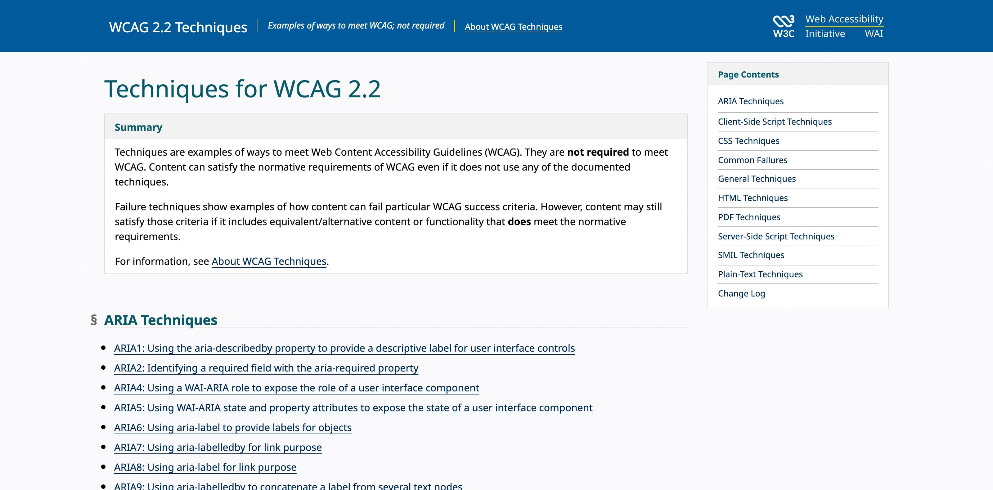 Índice de Techniques for WCAG 2.2. El resumen indica que las técnicas son ejemplos y no son obligatorias para cumplir las WCAG; una solución puede satisfacer los requisitos sin usar las técnicas documentadas. Incluye técnicas de fallo y enlaces agrupados por tecnologías, como ARIA, CSS, HTML y PDF.