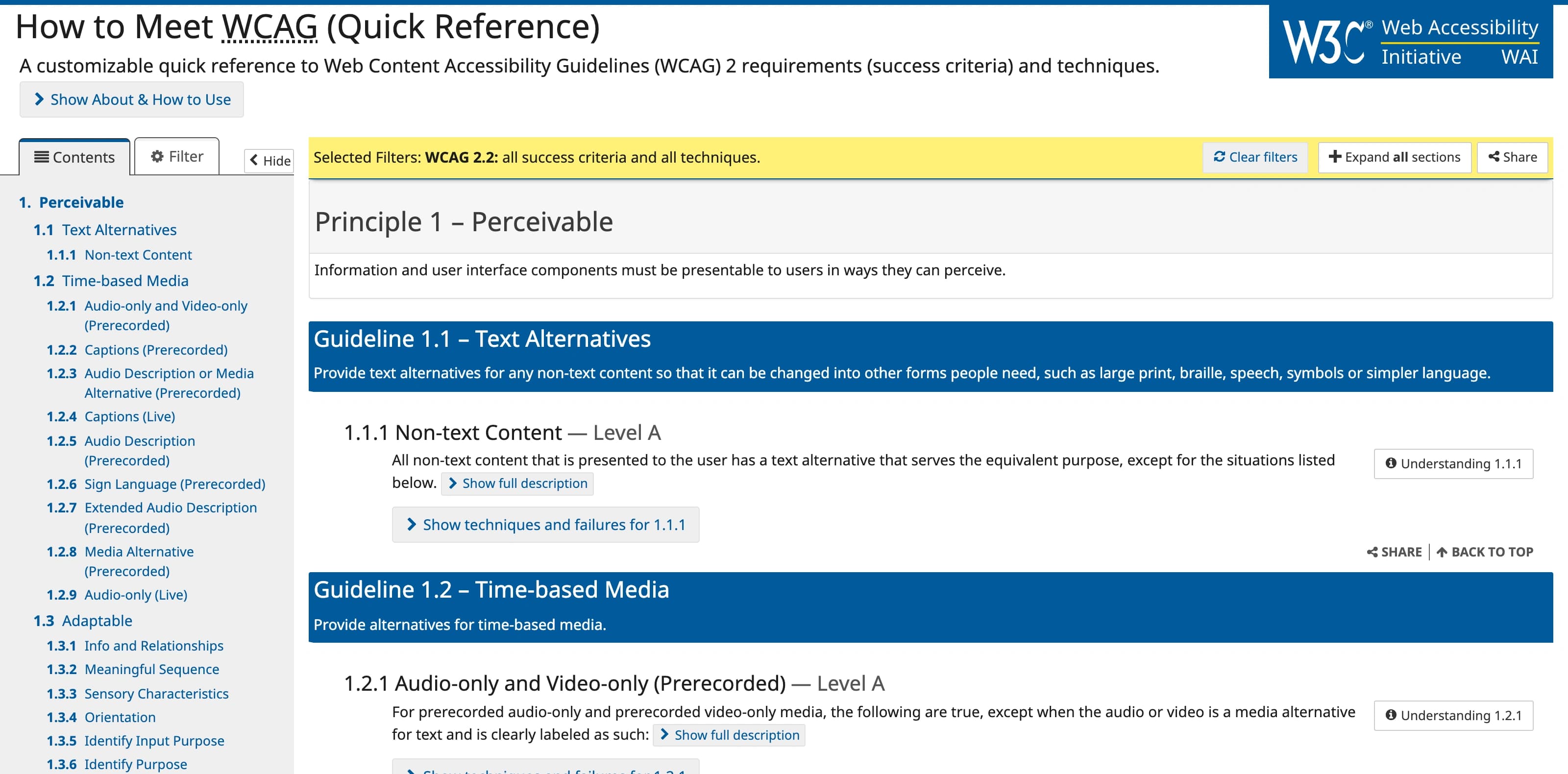 Quick Reference con WCAG 2.2 seleccionado, todos los criterios y todas las técnicas. Muestra el principio Perceptible, la pauta 1.1 Alternativas textuales y el criterio 1.1.1 Contenido no textual, de nivel A, junto a su enlace a Understanding, el control para desplegar la descripción completa y el acceso a técnicas y fallos.