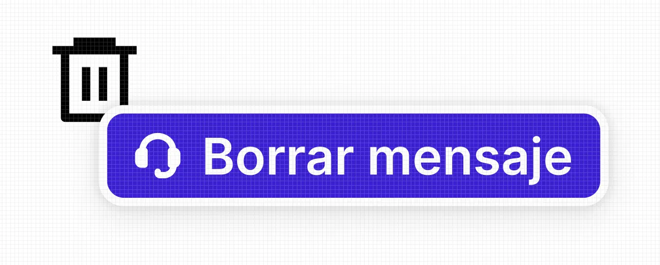 Botón con icono de papelera (eliminar), junto a una anotación de accesibilidad que dice 'Borrar mensaje'. El botón incluye un icono de auriculares a la izquierda del texto, indicando cómo esta acción sería anunciada por un lector de pantalla